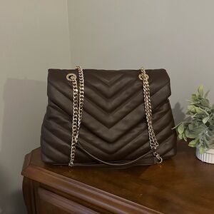 Cato Dark Brown Chevron Shoulder Bag with Gold Chain